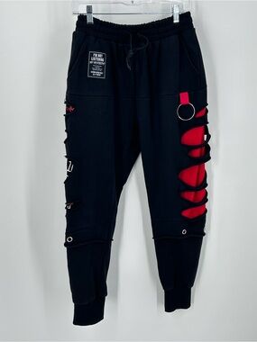 Niepce Inc. Brave Heart Slashed Joggers Black Red L